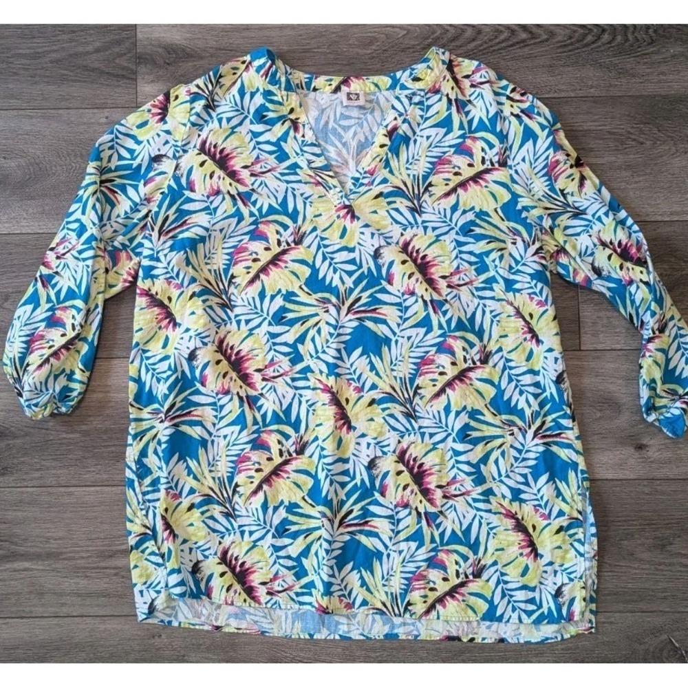 Linen Blend 2X coverup tunic Palm Print Slits Long Slv Coastal Beach Tropical